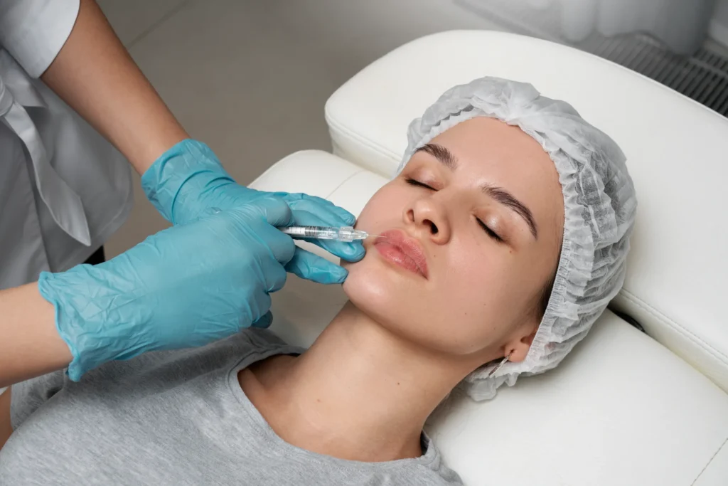 high-angle-woman-getting-lips-injection | Solace Aesthetics and Wellness